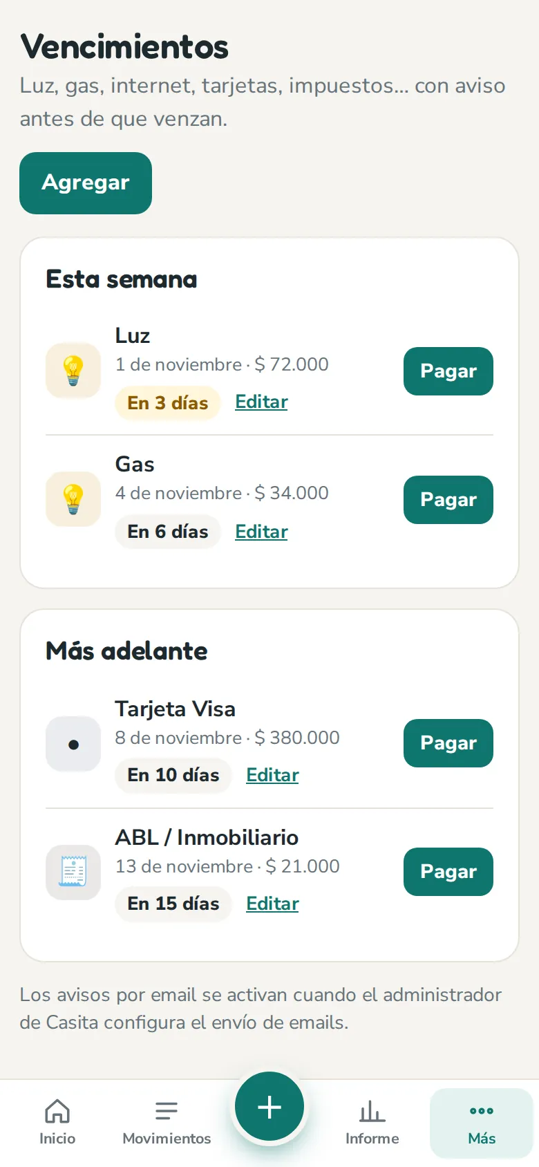 Vencimientos de luz, gas y tarjeta
